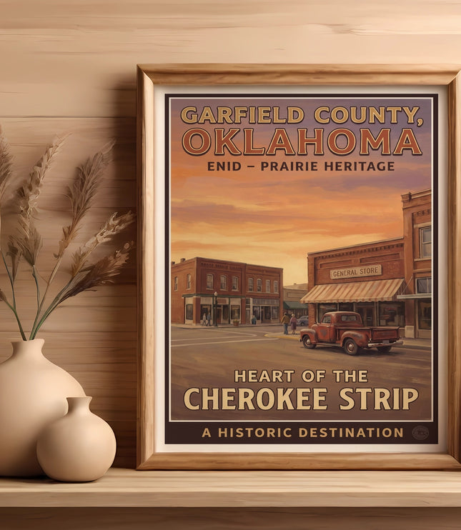 Framed poster of Garfield County, Oklahoma, showing a vintage truck in a town square.