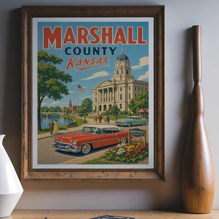 Vintage MARSHALL COUNTY KANSAS travel poster with courthouse and classic cars.