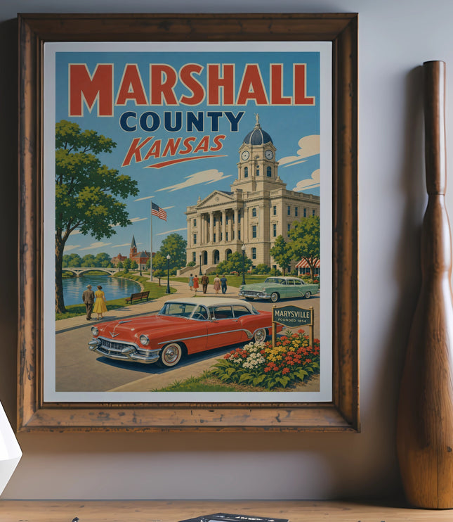 Vintage MARSHALL COUNTY KANSAS travel poster with courthouse and classic cars.