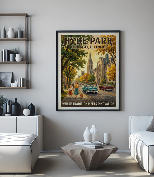 Vintage Hyde Park Chicago poster with a mother, child, and dog walking past buildings.