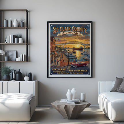 St. Clair County Michigan poster depicts Port Huron waterfront and Blue Water Bridge.