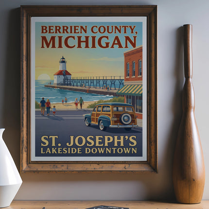 Berrien County Michigan St. Joseph's Lakeside Downtown poster with lighthouse and woody car.
