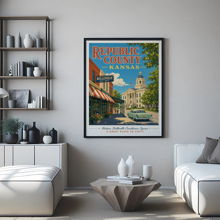 Poster of Belleville, Kansas courthouse square with vintage shops and text.