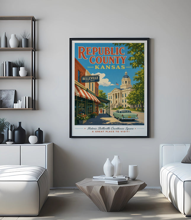 Poster of Belleville, Kansas courthouse square with vintage shops and text.