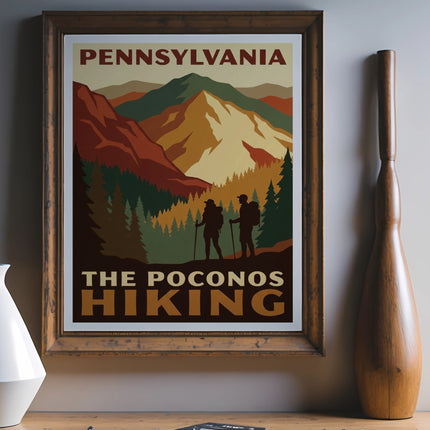 Vintage Pennsylvania hiking poster featuring mountains, trees, and two hikers.