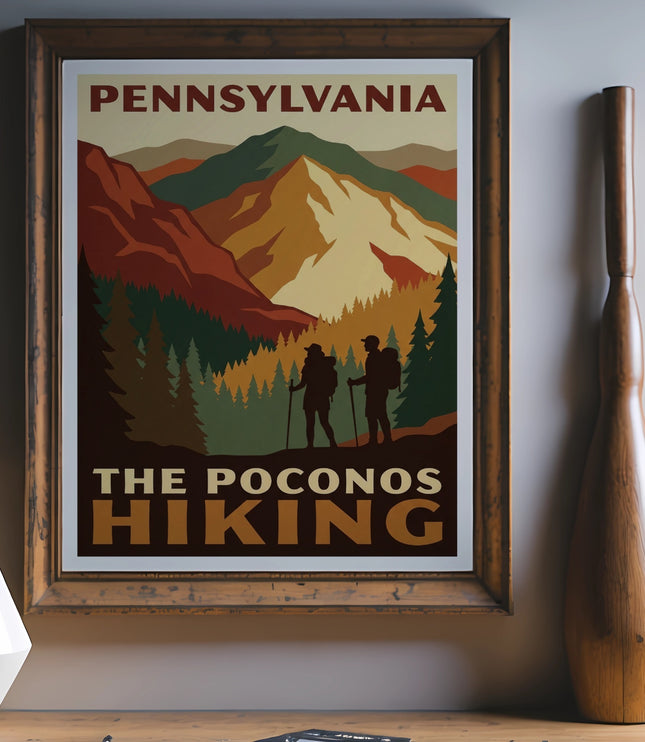 Vintage Pennsylvania hiking poster featuring mountains, trees, and two hikers.