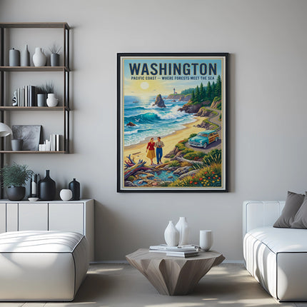 Vintage Washington coast poster with couple and teal car on beach.