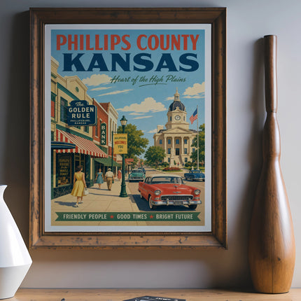 Vintage poster for Phillips County, Kansas, featuring town square and courthouse.