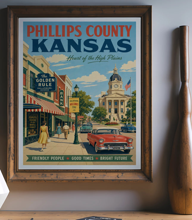 Vintage poster for Phillips County, Kansas, featuring town square and courthouse.