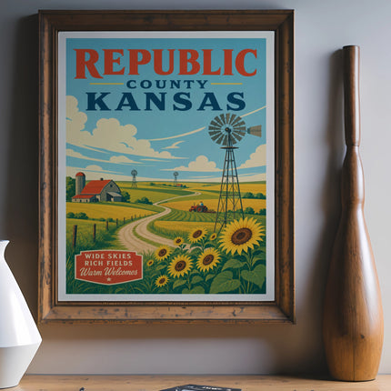 Vintage Republic County Kansas travel poster with sunflowers and windmills.