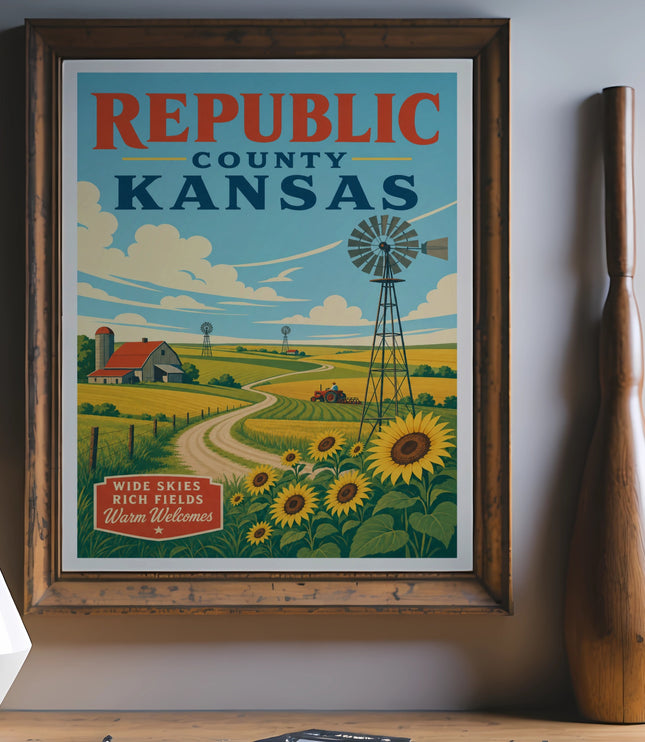 Vintage Republic County Kansas travel poster with sunflowers and windmills.