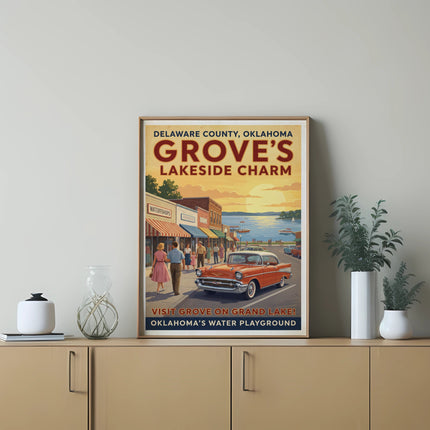Retro poster of Grove, Oklahoma, featuring a vintage car and lakeside charm.