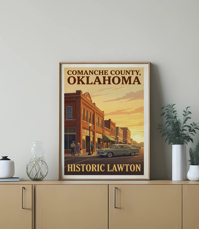 Comanche County Oklahoma Historic Lawton vintage poster featuring buildings and car