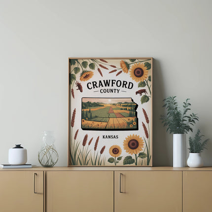 Crawford County, Kansas map art with sunflowers and wheat fields.