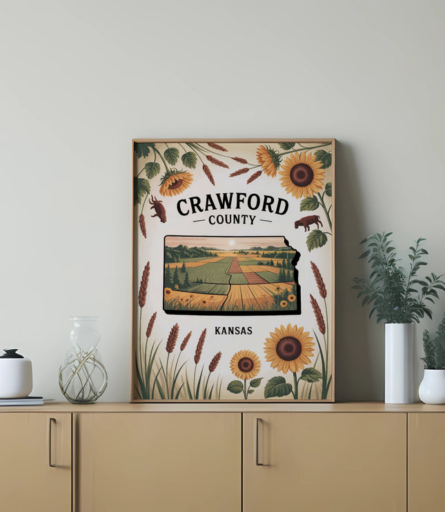 Crawford County, Kansas map art with sunflowers and wheat fields.