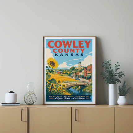 Cowley County, Kansas poster with sunflower field, bridge, and town scene.