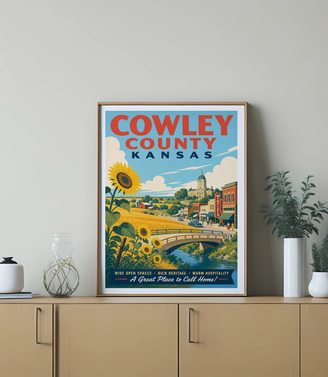 Cowley County, Kansas poster with sunflower field, bridge, and town scene.