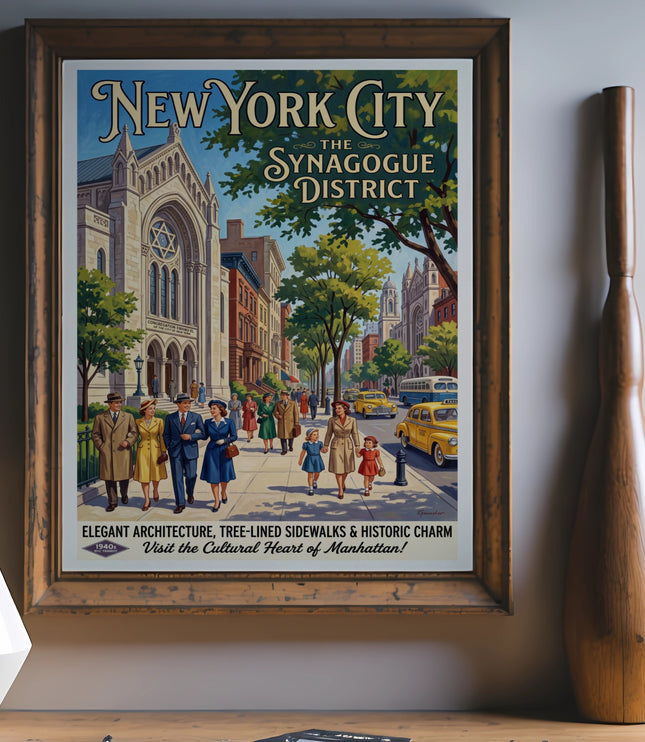 New York City Synagogue District vintage travel poster with people and architecture.