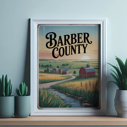 Framed artwork depicting a rural Barber County scene with farms and wheat fields.