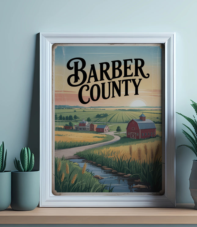 Framed artwork depicting a rural Barber County scene with farms and wheat fields.