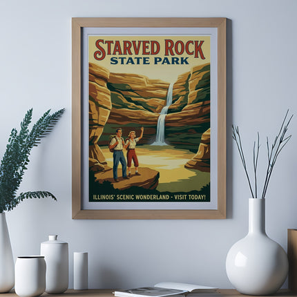 Vintage poster for Starved Rock State Park showing a waterfall and hikers.