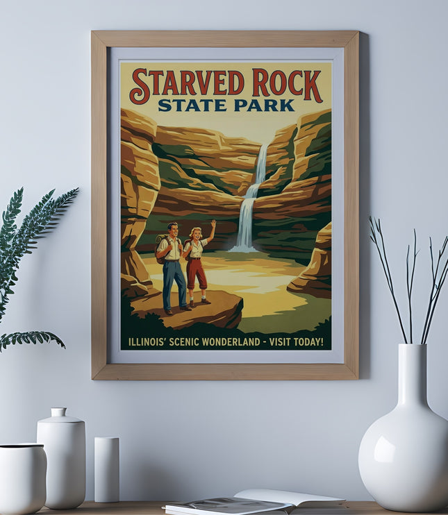 Vintage poster for Starved Rock State Park showing a waterfall and hikers.