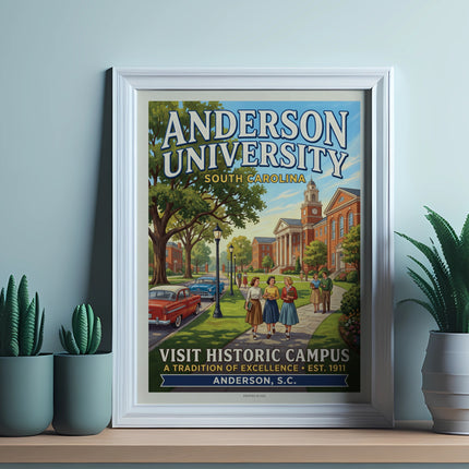 Retro poster of Anderson University campus with people and vintage cars.