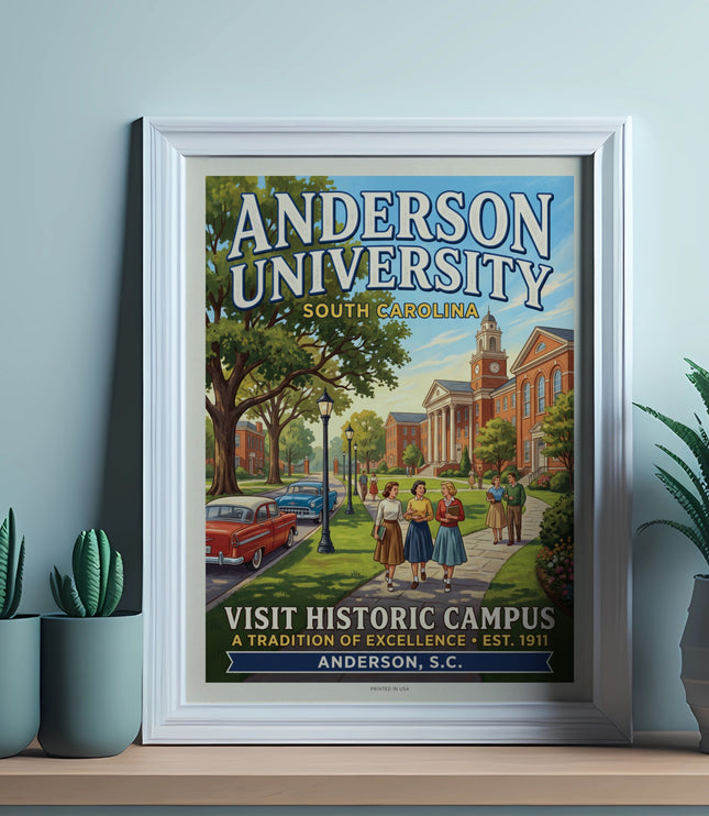 Retro poster of Anderson University campus with people and vintage cars.