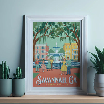 Framed art print of Savannah, Georgia with people near a fountain.