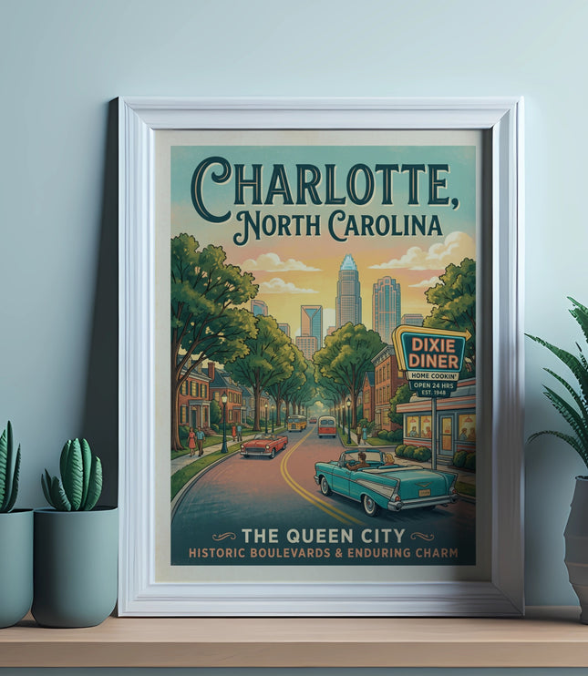 Poster of Charlotte, North Carolina with Dixie Diner and skyline.