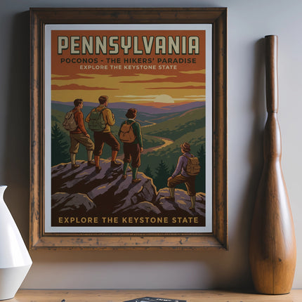 Pennsylvania Pocono Mountains hikers' paradise vintage travel poster.