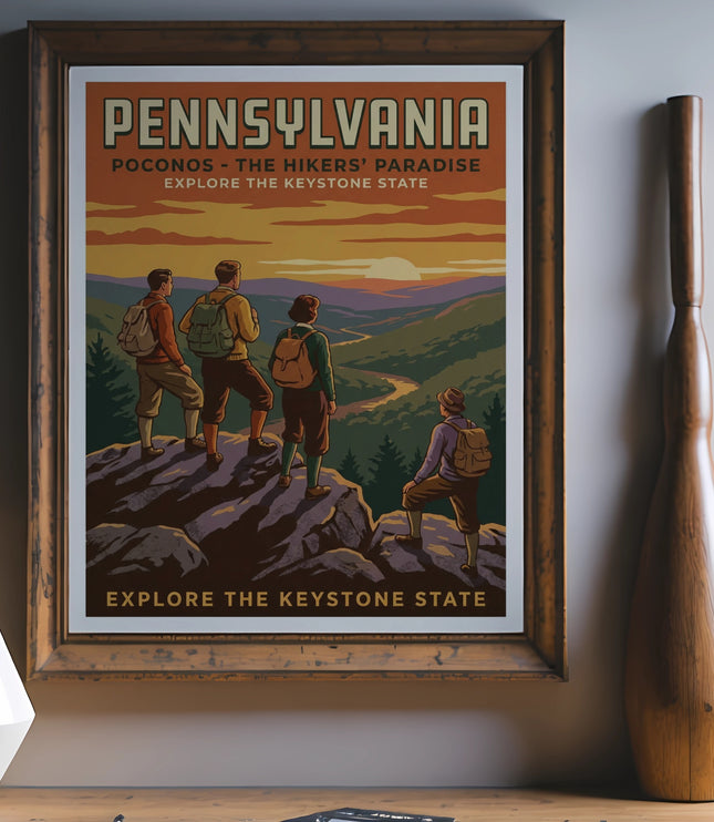 Pennsylvania Pocono Mountains hikers' paradise vintage travel poster.