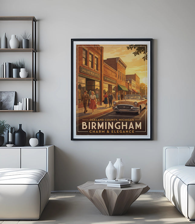 Poster of Birmingham, Michigan, Charm & Elegance, vintage street scene.