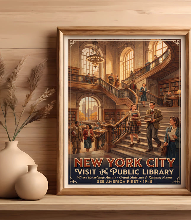 New York City Visit The Public Library poster with people on grand staircase.