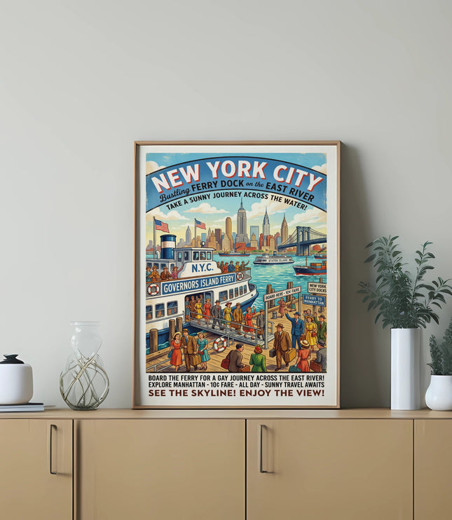 New York City Governors Island Ferry vintage travel poster featuring skyline and ferry.