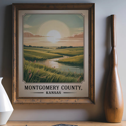 Montgomery County, Kansas landscape art poster in a wooden frame.