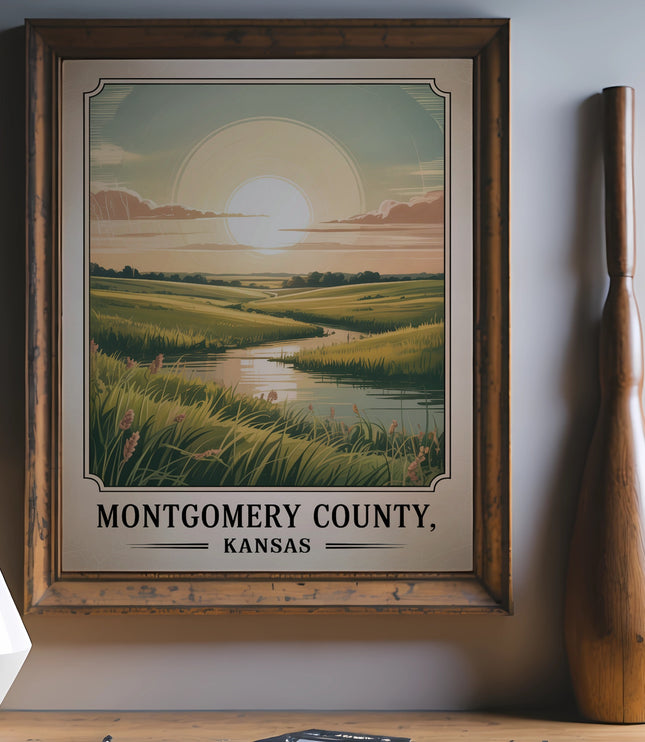 Montgomery County, Kansas landscape art poster in a wooden frame.