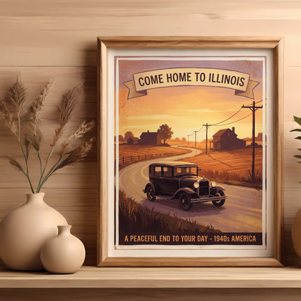 Vintage Illinois travel poster of a classic car on a road, "Come Home to Illinois."