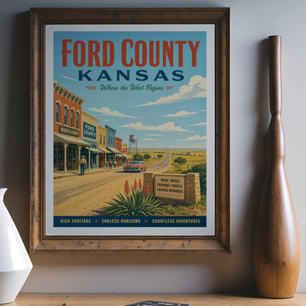 Ford County, Kansas vintage travel poster with buildings and a road.