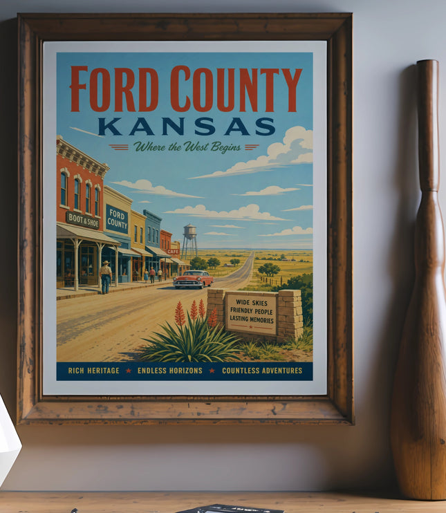 Ford County, Kansas vintage travel poster with buildings and a road.