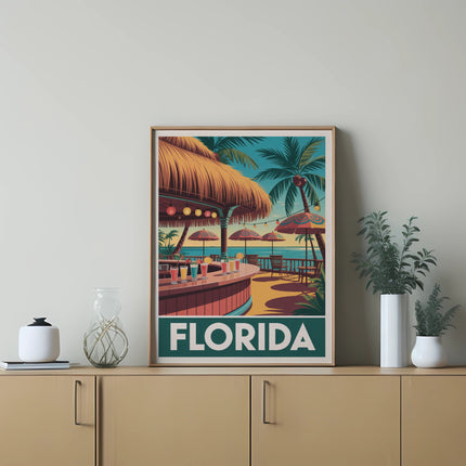 Framed tropical beach bar scene with "FLORIDA" text and palm trees.