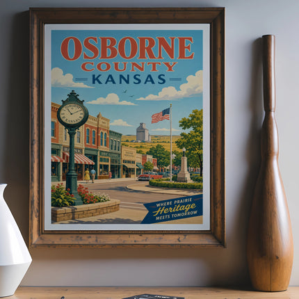 Vintage poster of Osborne County, Kansas with "Where Prairie Heritage Meets Tomorrow."