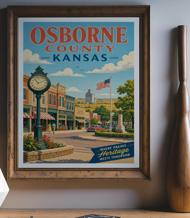 Vintage poster of Osborne County, Kansas with "Where Prairie Heritage Meets Tomorrow."