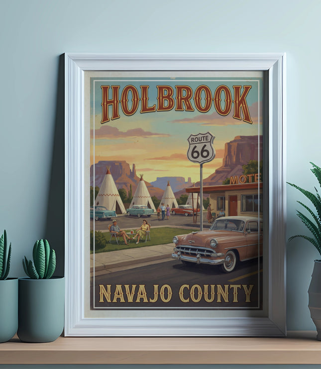 Holbrook Navajo County Route 66 motel with vintage cars and teepees.