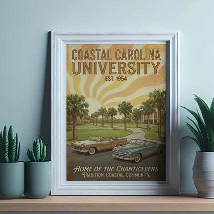 Coastal Carolina University Est. 1954 poster with vintage cars under palm trees.