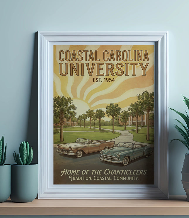 Coastal Carolina University Est. 1954 poster with vintage cars under palm trees.