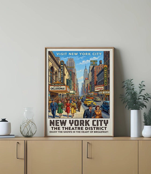 New York City Theatre District poster with vintage street scene and show advertisements.