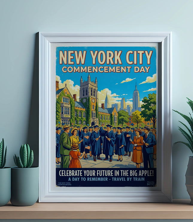 New York City Commencement Day poster with graduates and city skyline.