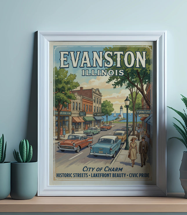 Retro poster depicting Evanston, Illinois, with vintage cars and a lighthouse.