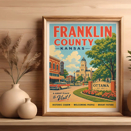 Franklin County, Kansas retro travel poster with buildings and text.